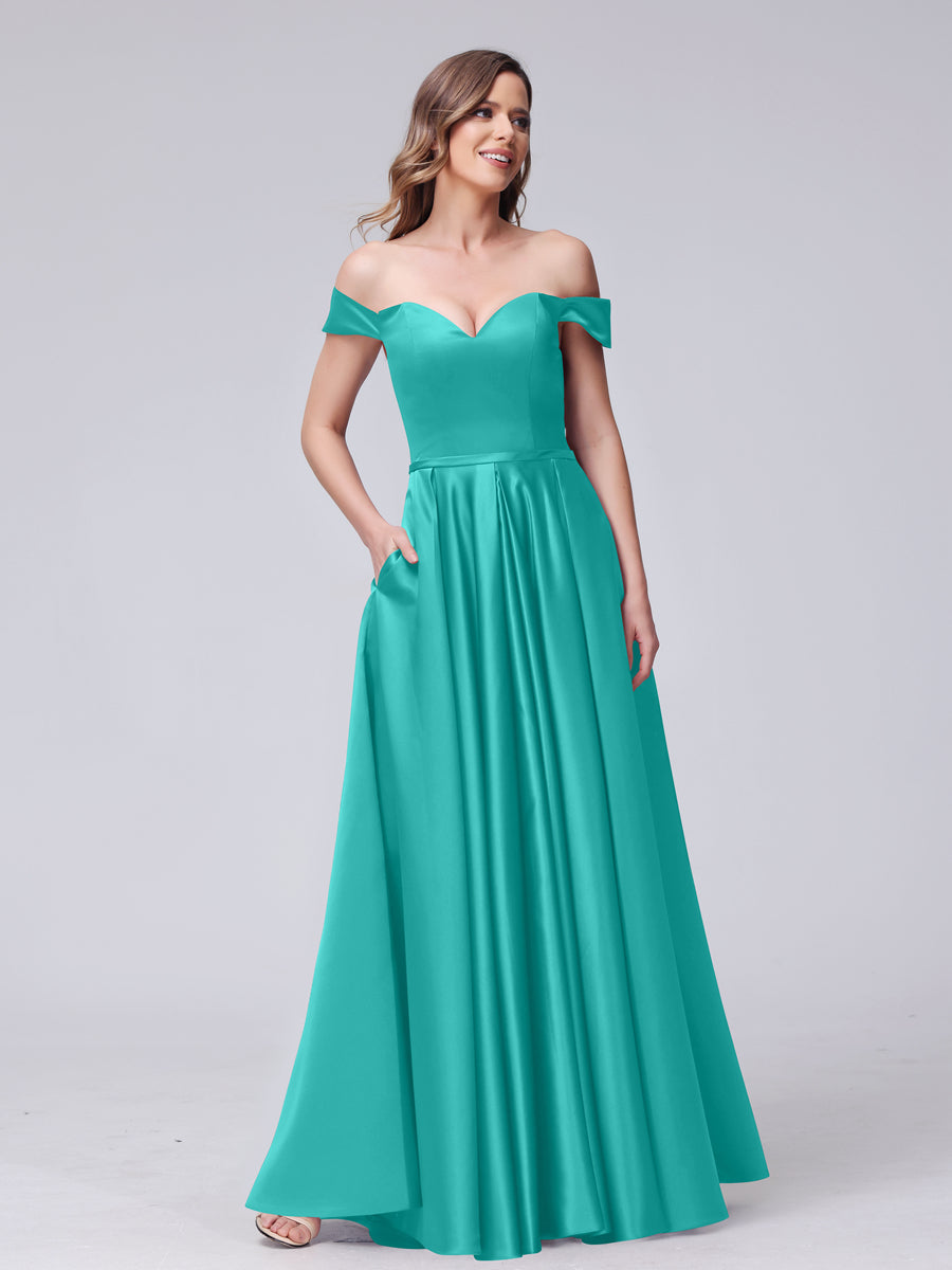 A-Line Off-the-Shoulder Sweetheart Satin Maxi Dresses with Pockets