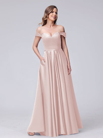 A-Line Off-the-Shoulder Sweetheart Satin Maxi Dresses with Pockets