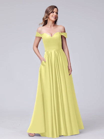 A-Line Off-the-Shoulder Sweetheart Satin Maxi Dresses with Pockets