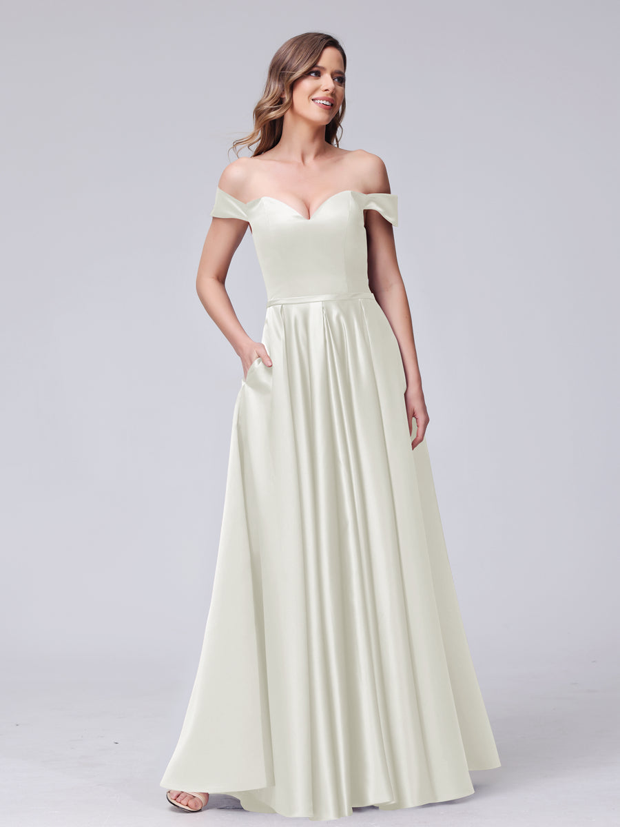 A-Line Off-the-Shoulder Sweetheart Satin Maxi Dresses with Pockets