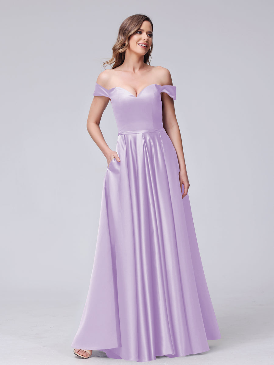 A-Line Off-the-Shoulder Sweetheart Satin Maxi Dresses with Pockets