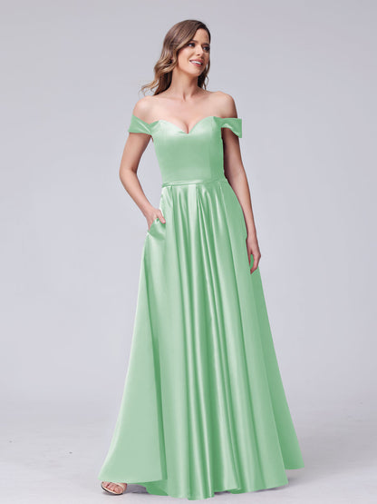 A-Line Off-the-Shoulder Sweetheart Satin Maxi Dresses with Pockets