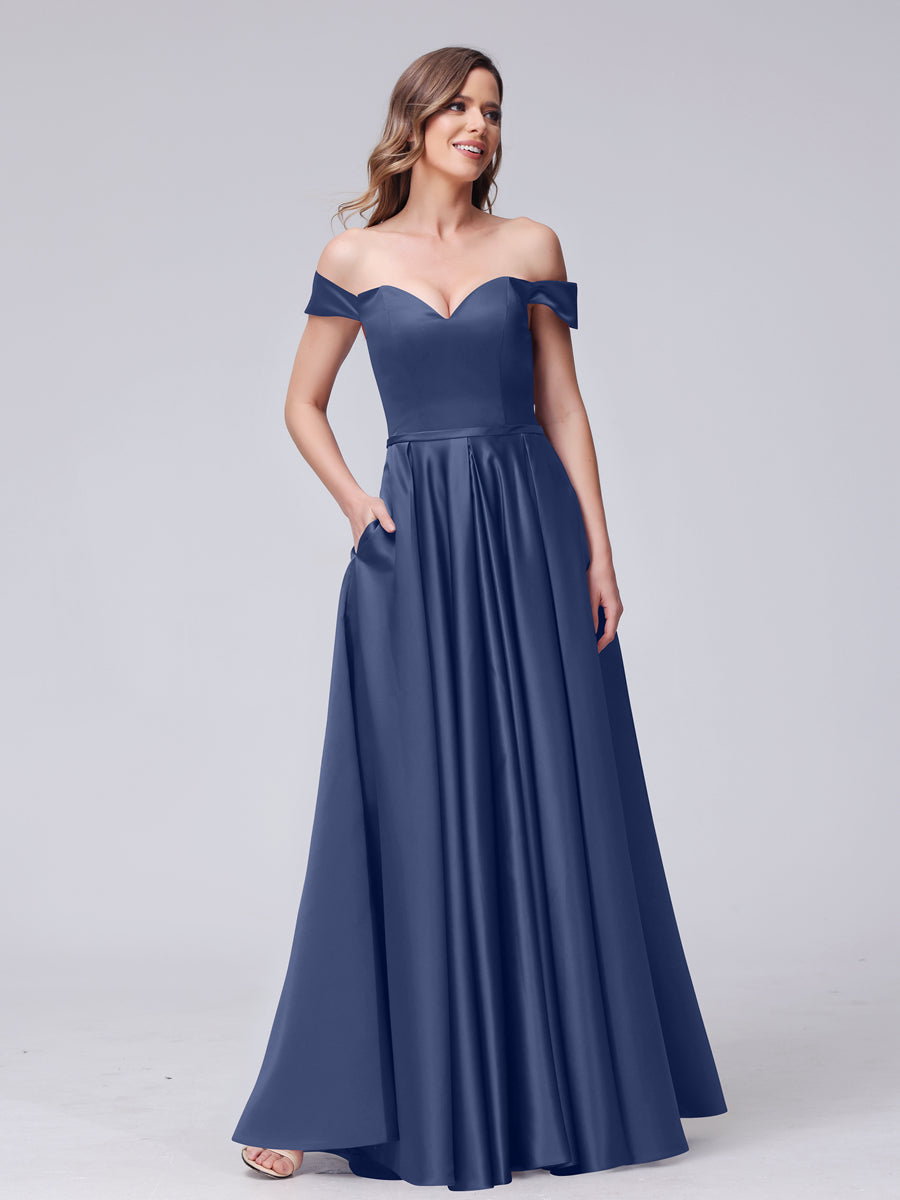 A-Line Off-the-Shoulder Sweetheart Satin Maxi Dresses with Pockets