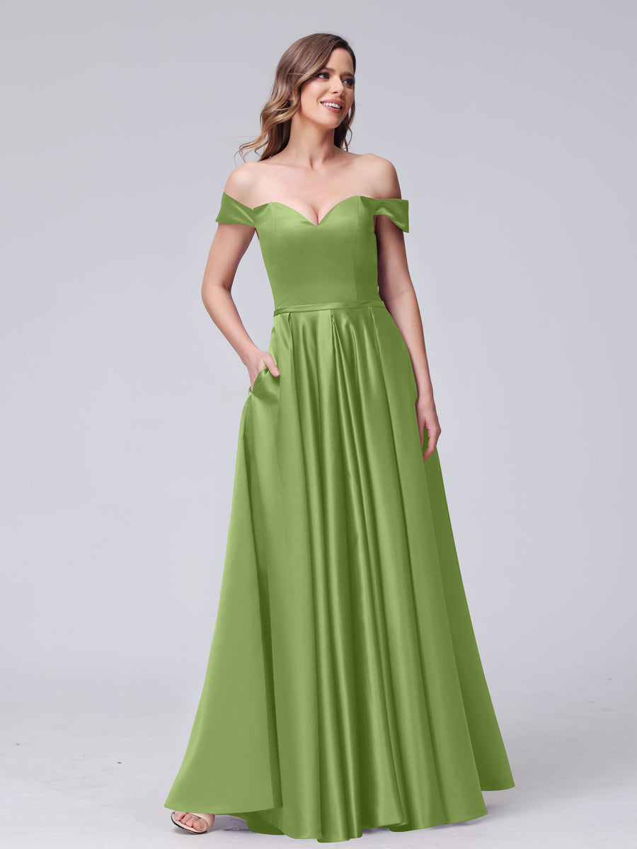 A-Line Off-the-Shoulder Sweetheart Satin Maxi Dresses with Pockets