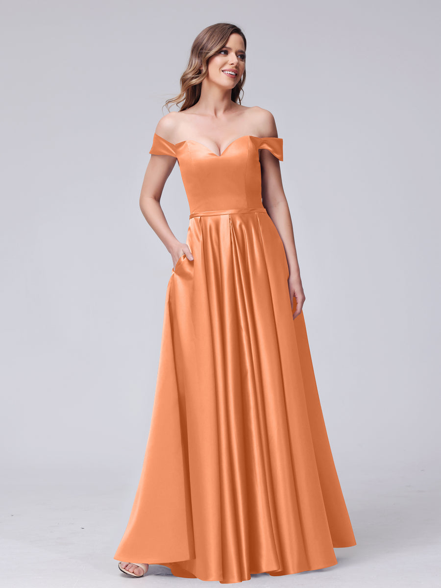 A-Line Off-the-Shoulder Sweetheart Satin Maxi Dresses with Pockets