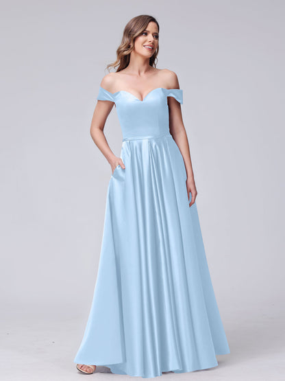 A-Line Off-the-Shoulder Sweetheart Satin Maxi Dresses with Pockets