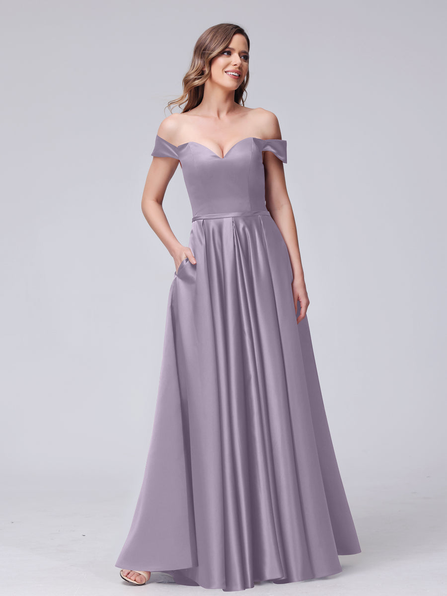 A-Line Off-the-Shoulder Sweetheart Satin Maxi Dresses with Pockets