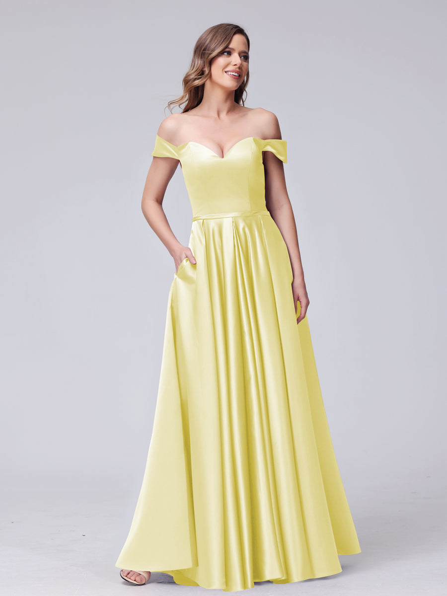 A-Line Off-the-Shoulder Sweetheart Satin Maxi Dresses with Pockets