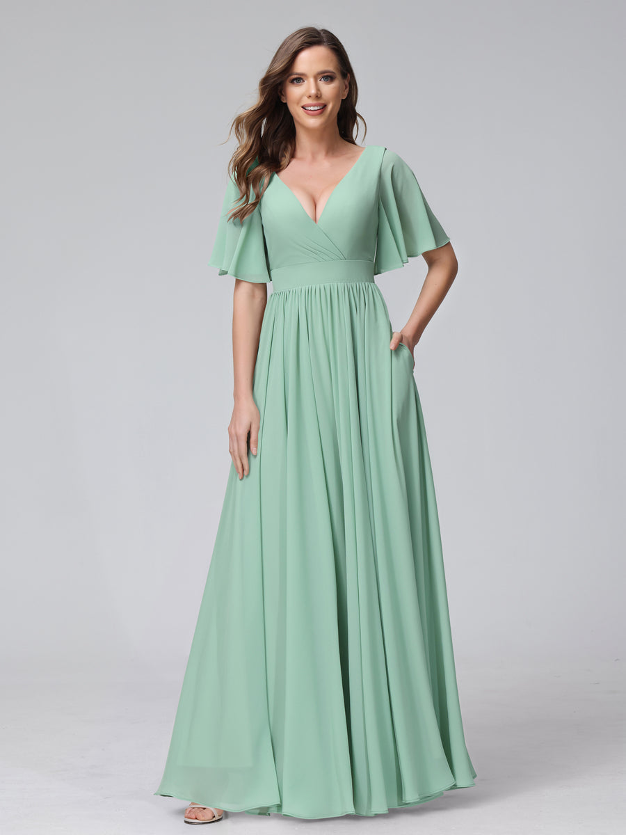 A-Line V-Neck Half Sleeves Long Chiffon Bridesmaid Dresses with Ruffle ...