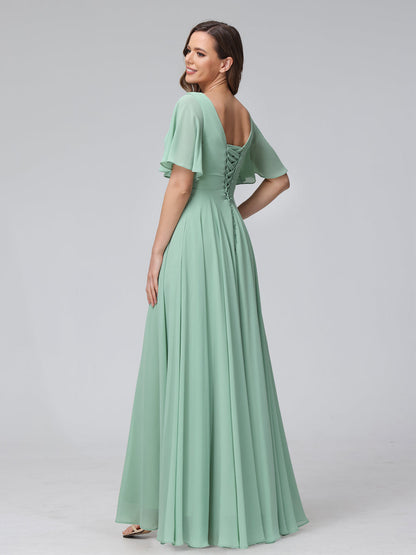 A-Line V-Neck Half Sleeves Long Chiffon Bridesmaid Dresses with Ruffles Split Side Pockets