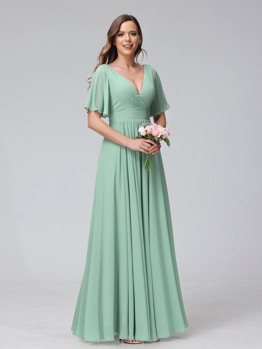 A-Line V-Neck Half Sleeves Long Chiffon Bridesmaid Dresses with Ruffles Split Side Pockets