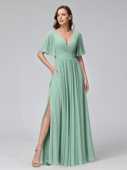 A-Line V-Neck Half Sleeves Long Chiffon Bridesmaid Dresses with Ruffles Split Side Pockets