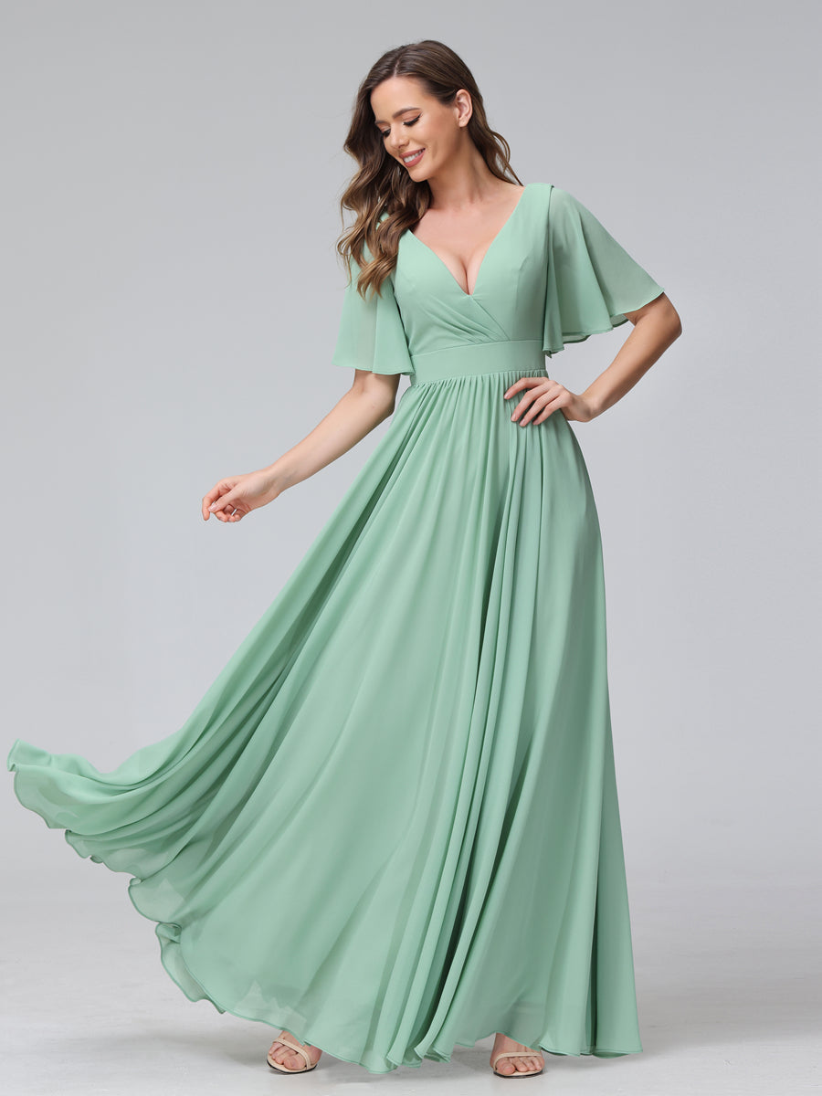 A-Line V-Neck Half Sleeves Long Chiffon Bridesmaid Dresses with Ruffles Split Side Pockets