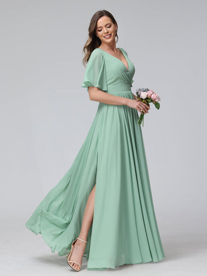 A-Line V-Neck Half Sleeves Long Chiffon Bridesmaid Dresses with Ruffles Split Side Pockets