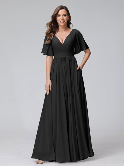 A-Line V-Neck Half Sleeves Long Chiffon Bridesmaid Dresses with Ruffles Split Side Pockets