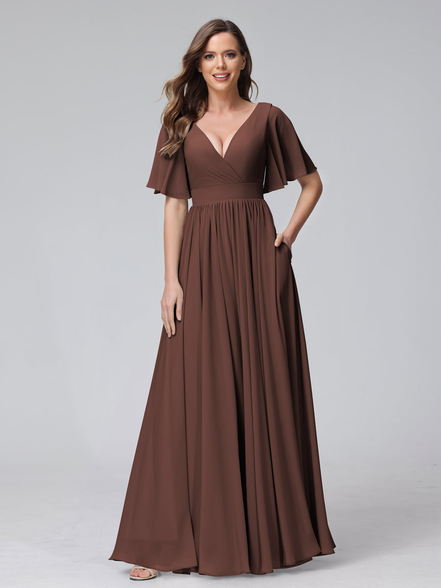 A-Line V-Neck Half Sleeves Long Chiffon Bridesmaid Dresses with Ruffles Split Side Pockets