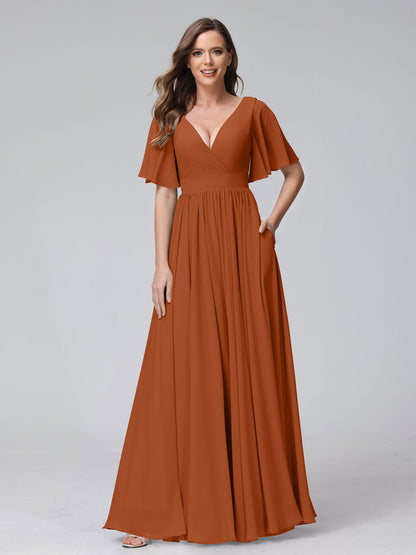 A-Line V-Neck Half Sleeves Long Chiffon Bridesmaid Dresses with Ruffles Split Side Pockets