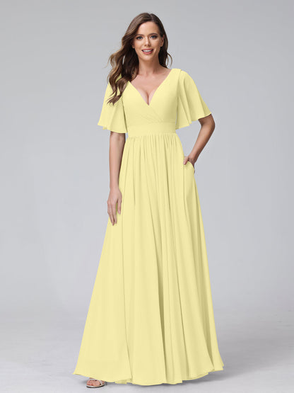 A-Line V-Neck Half Sleeves Long Chiffon Bridesmaid Dresses with Ruffles Split Side Pockets