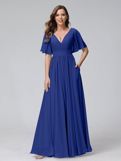 A-Line V-Neck Half Sleeves Long Chiffon Bridesmaid Dresses with Ruffles Split Side Pockets