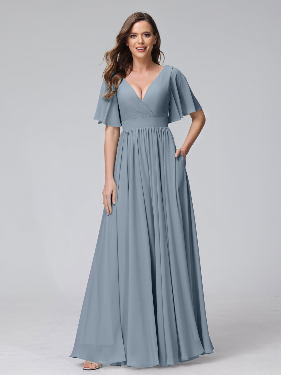 A-Line V-Neck Half Sleeves Long Chiffon Bridesmaid Dresses with Ruffles Split Side Pockets