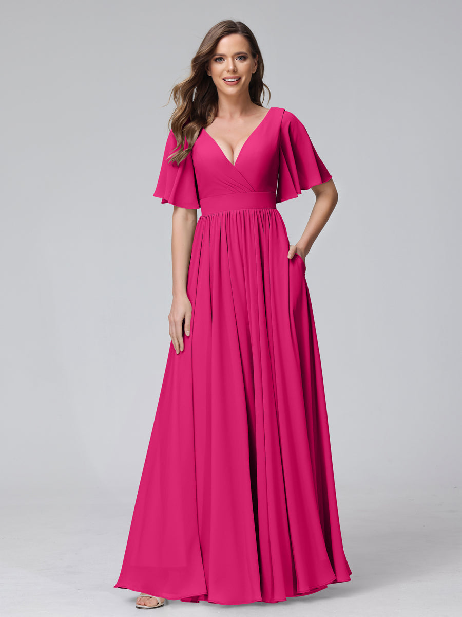 A-Line V-Neck Half Sleeves Long Chiffon Bridesmaid Dresses with Ruffles Split Side Pockets