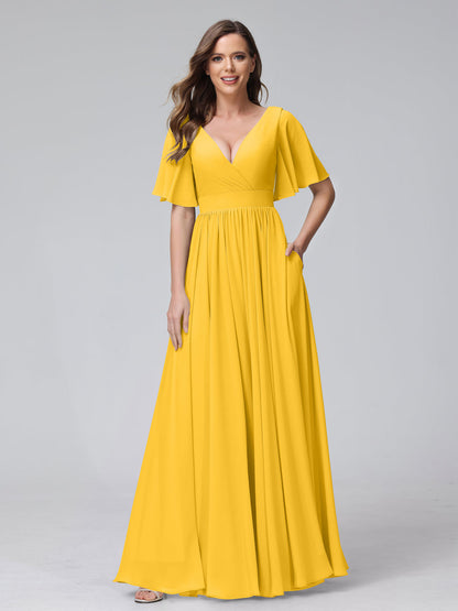 A-Line V-Neck Half Sleeves Long Chiffon Bridesmaid Dresses with Ruffles Split Side Pockets