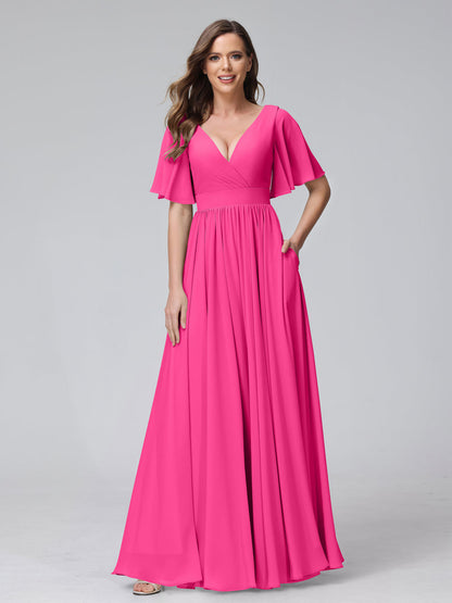 A-Line V-Neck Half Sleeves Long Chiffon Bridesmaid Dresses with Ruffles Split Side Pockets