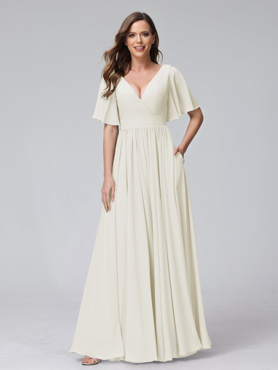 A-Line V-Neck Half Sleeves Long Chiffon Bridesmaid Dresses with Ruffles Split Side Pockets