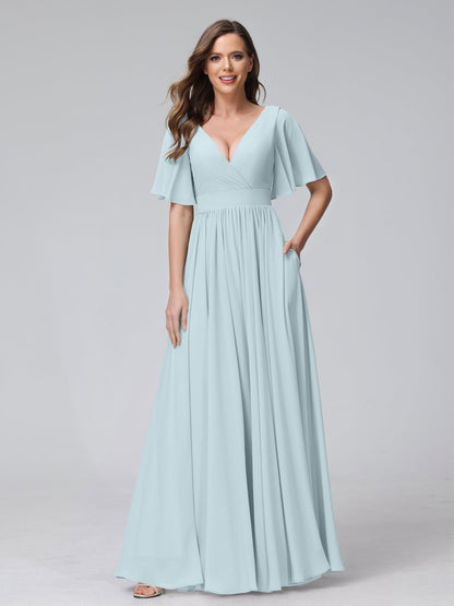 A-Line V-Neck Half Sleeves Long Chiffon Bridesmaid Dresses with Ruffles Split Side Pockets