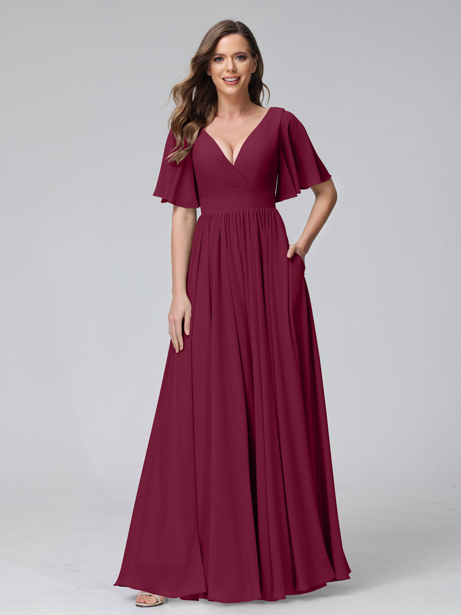 A-Line V-Neck Half Sleeves Long Chiffon Bridesmaid Dresses with Ruffles Split Side Pockets