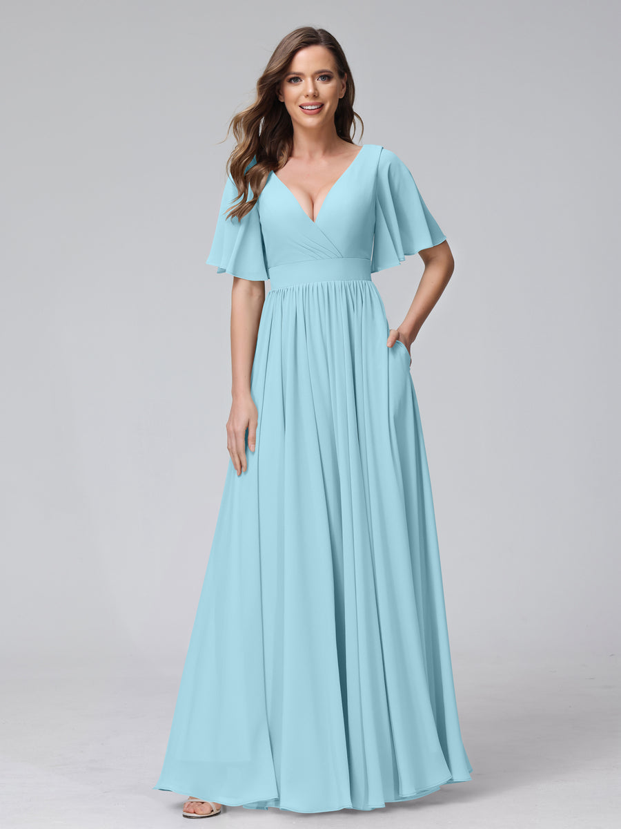 A-Line V-Neck Half Sleeves Long Chiffon Bridesmaid Dresses with Ruffles Split Side Pockets