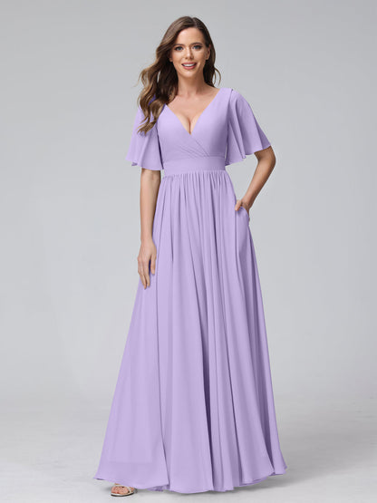 A-Line V-Neck Half Sleeves Long Chiffon Bridesmaid Dresses with Ruffles Split Side Pockets