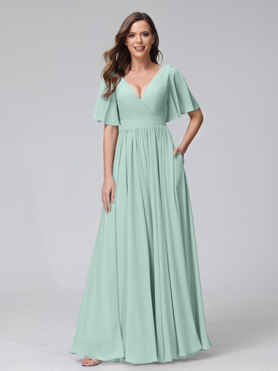 A-Line V-Neck Half Sleeves Long Chiffon Bridesmaid Dresses with Ruffles Split Side Pockets