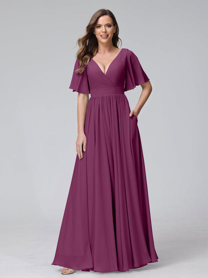 A-Line V-Neck Half Sleeves Long Chiffon Bridesmaid Dresses with Ruffles Split Side Pockets