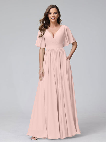 A-Line V-Neck Half Sleeves Long Chiffon Bridesmaid Dresses with Ruffles Split Side Pockets