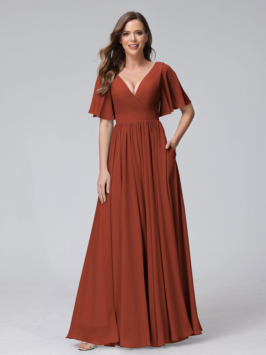 A-Line V-Neck Half Sleeves Long Chiffon Bridesmaid Dresses with Ruffles Split Side Pockets