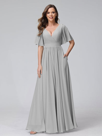 A-Line V-Neck Half Sleeves Long Chiffon Bridesmaid Dresses with Ruffles Split Side Pockets