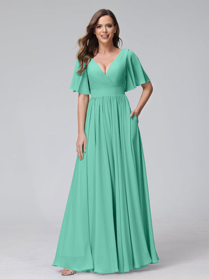 A-Line V-Neck Half Sleeves Long Chiffon Bridesmaid Dresses with Ruffles Split Side Pockets