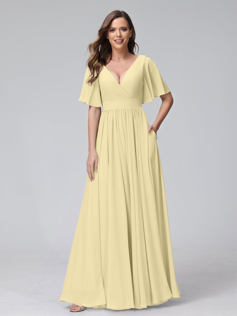 A-Line V-Neck Half Sleeves Long Chiffon Bridesmaid Dresses with Ruffles Split Side Pockets