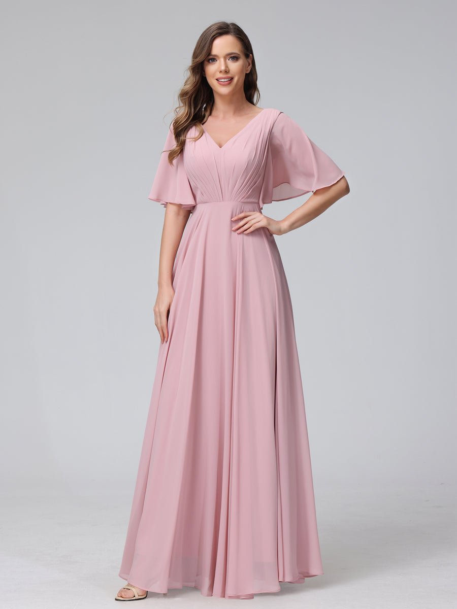 A Line V Neck Half Sleeves Long Chiffon Bridesmaid Dresses With Ruffle Lavetir 1107