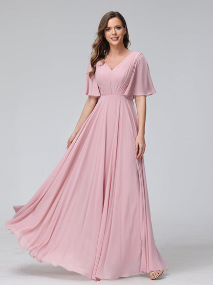 A-Line V-Neck Half Sleeves Long Chiffon Bridesmaid Dresses With Ruffles Pockets