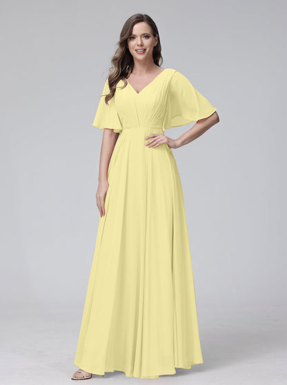 A-Line V-Neck Half Sleeves Long Chiffon Bridesmaid Dresses With Ruffles Pockets