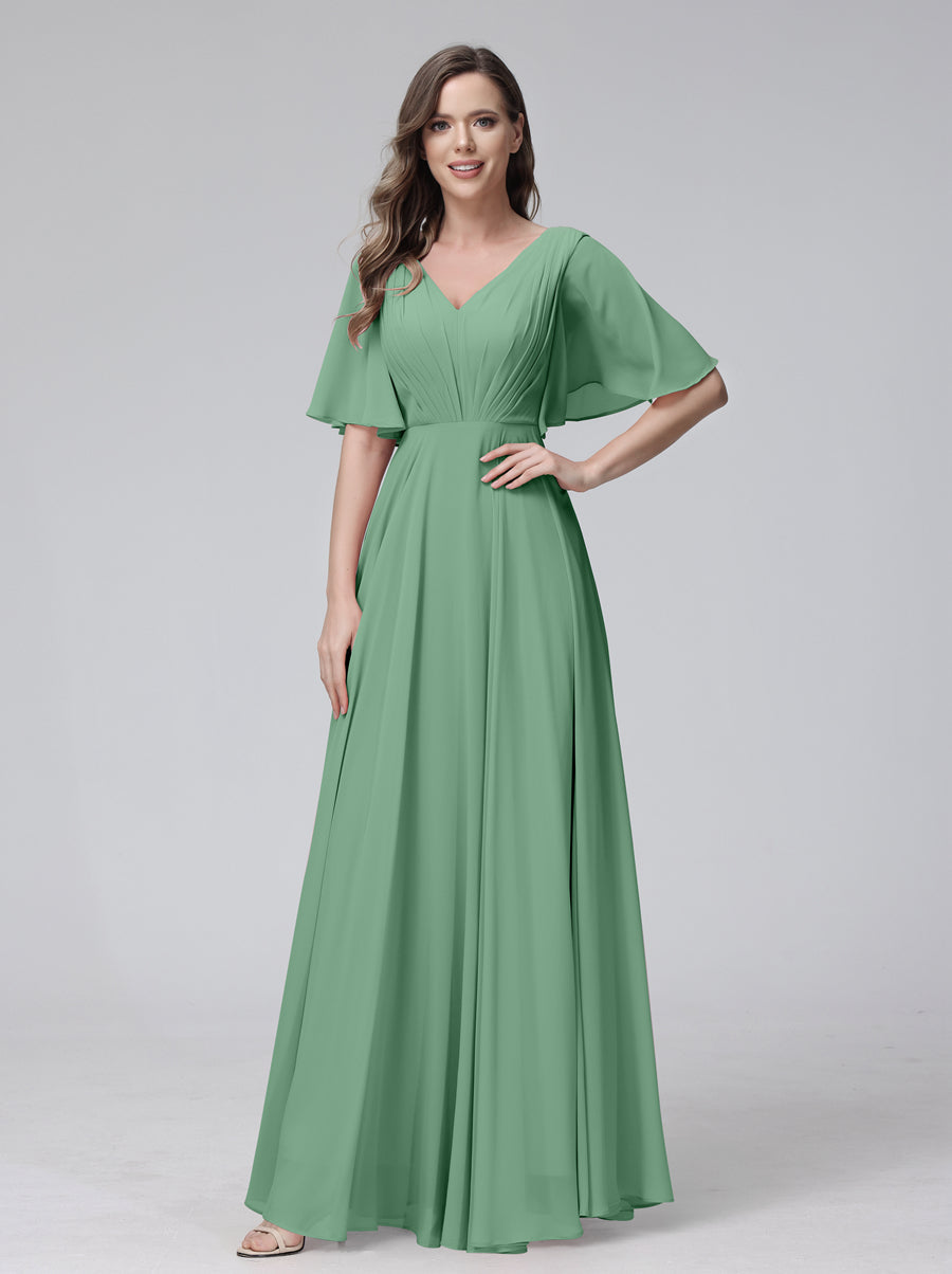 A-Line V-Neck Half Sleeves Long Chiffon Bridesmaid Dresses With Ruffles Pockets