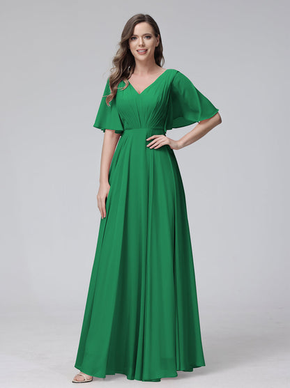 A-Line V-Neck Half Sleeves Long Chiffon Bridesmaid Dresses With Ruffles Pockets