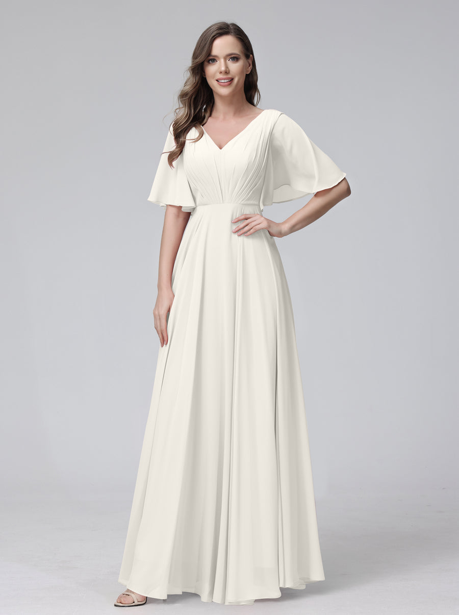 A-Line V-Neck Half Sleeves Long Chiffon Bridesmaid Dresses With Ruffles Pockets