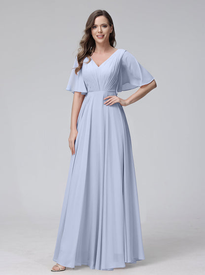 A-Line V-Neck Half Sleeves Long Chiffon Bridesmaid Dresses With Ruffles Pockets