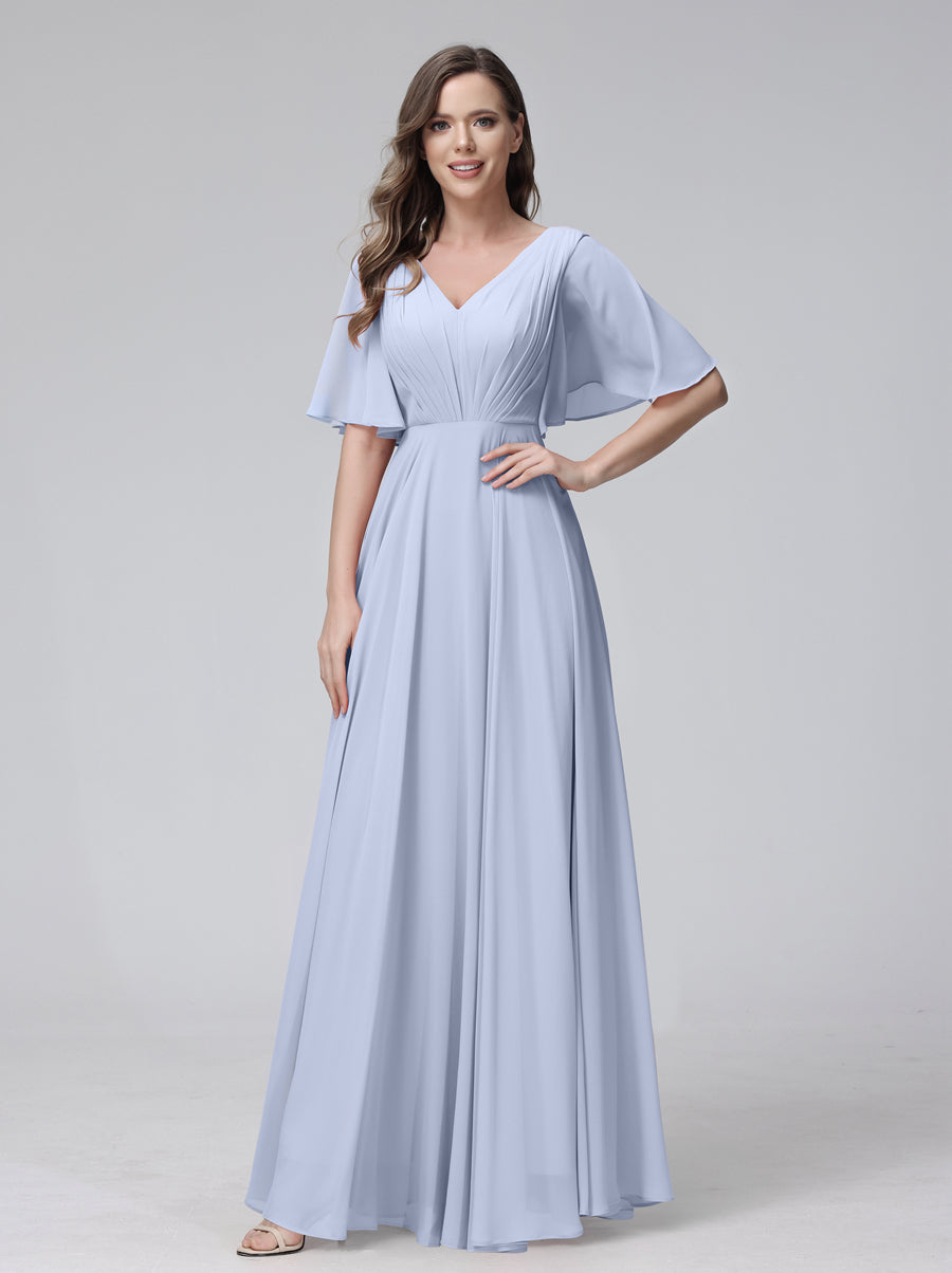 A-Line V-Neck Half Sleeves Long Chiffon Bridesmaid Dresses With Ruffles Pockets