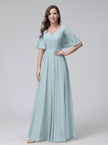 A-Line V-Neck Half Sleeves Long Chiffon Bridesmaid Dresses With Ruffles Pockets