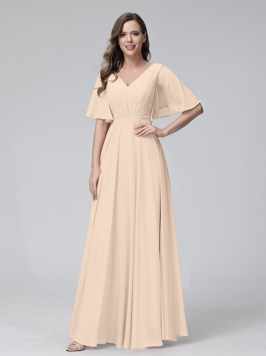 A-Line V-Neck Half Sleeves Long Chiffon Bridesmaid Dresses With Ruffles Pockets