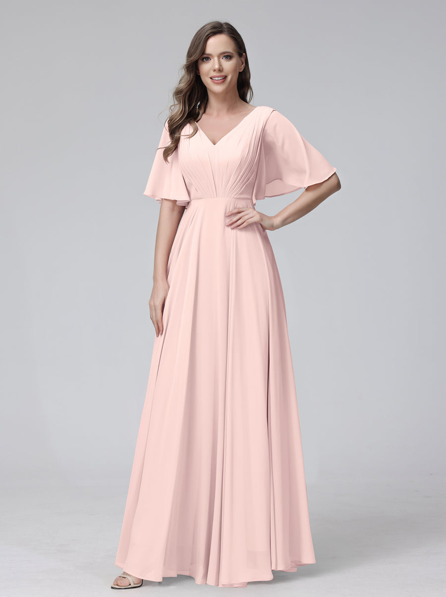 A-Line V-Neck Half Sleeves Long Chiffon Bridesmaid Dresses With Ruffles Pockets